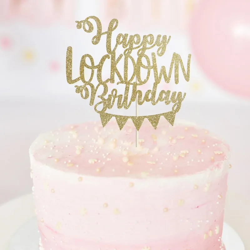 

Personalised Happy Lockdown Birthday glitter cake topper. Custom Funny social distance Birthday decor baby shower Wedding party
