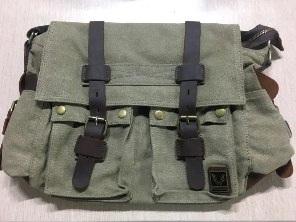 ARMY GREEN ABDB Мужская винтажная парусиновая кожаная школьная военная сумка через плечо, сумка-мессенджер, сумка через плечо, ранец - Цвет: ARMY GREEN