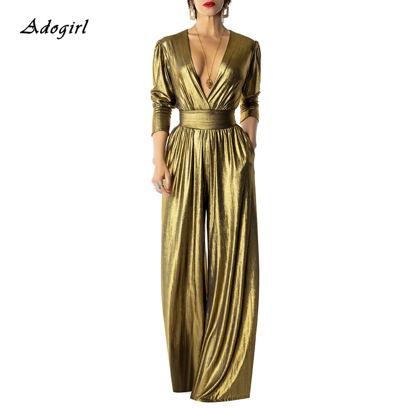 Элегантный Блестящий Комбинезон Adogirl с широкими штанинами женский сексуальный