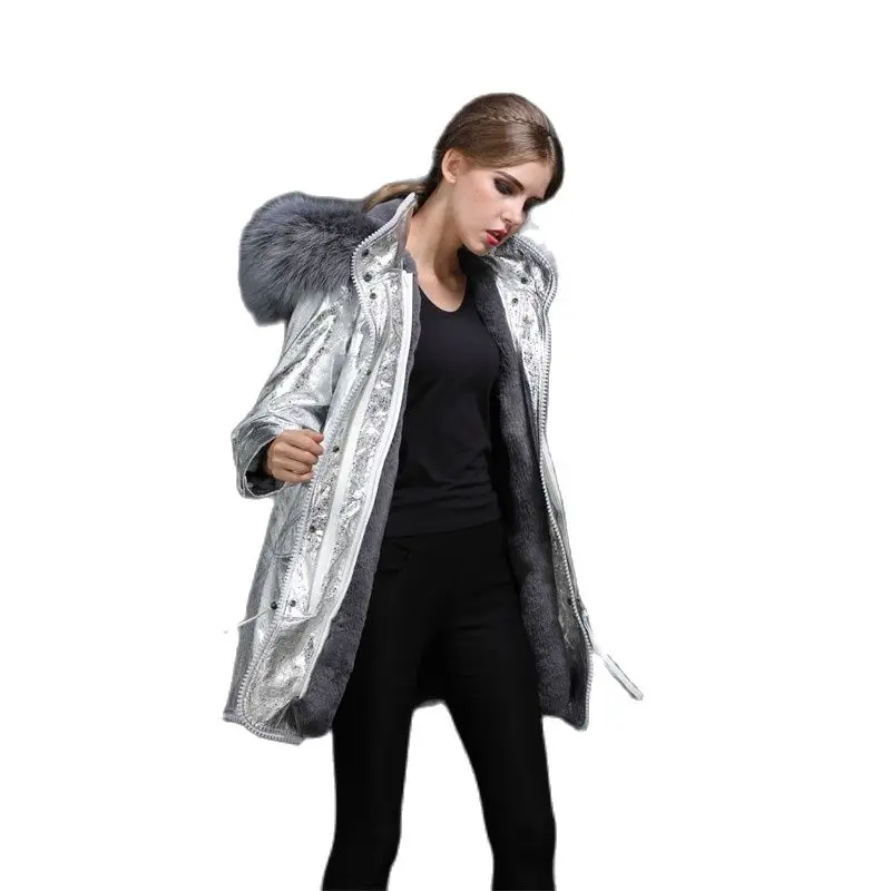 Женский Длинный тренчкот из серебристой кожи на двойной молнии Повседневная