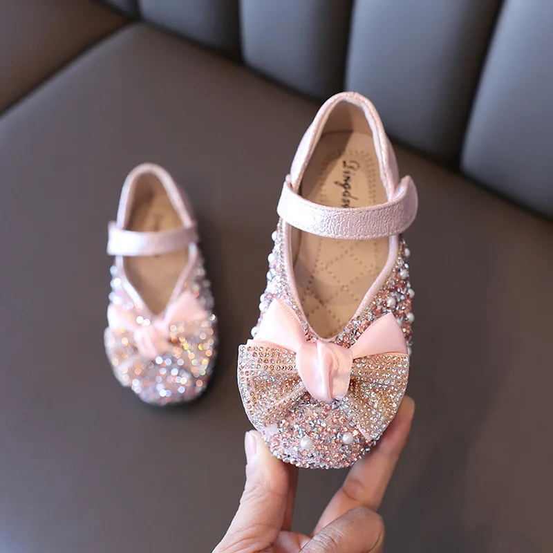 Zapatos planos con lazo para ni&ntilde;a, zapatillas de princesa con diamantes de imitaci&oacute;n, para playa, para actuaciones, para fiesta, Chic, 2022-2