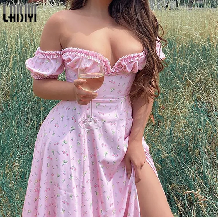 

Женское летнее платье, элегантное платье с открытыми плечами и разрезом сзади, модное женское сексуальное платье с разрезом, Пляжное Повсед...