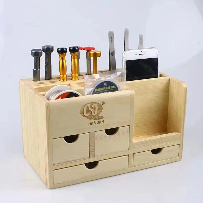MA YUAN Multifunction Wooden Storage Box Screwdriver Tweezers Holder Mobile Phone Repair Desktop Reception Tool Parts Box