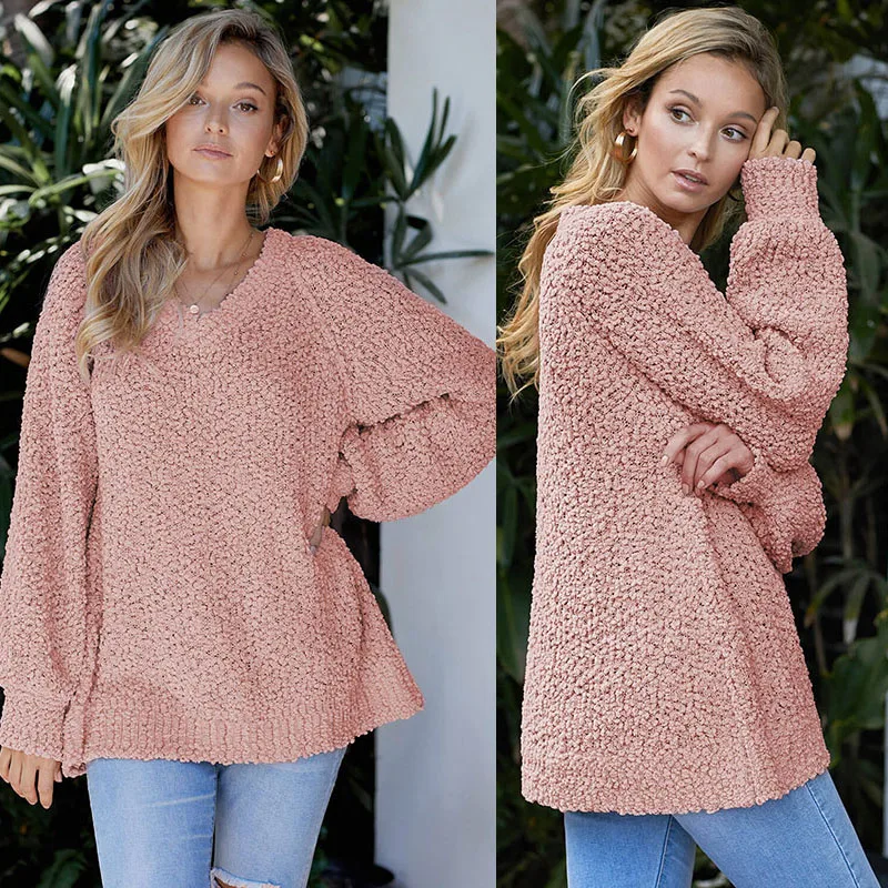 SEBOWEL Casual Solid Color Woman Sweater V-neck Long Sleeve Popcorn Knit Sweaters Female Warm Autumn Winter Ladies Tops Clothes | Женская