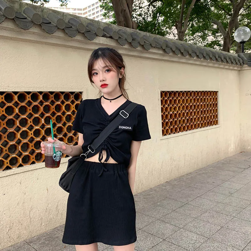 Drawstring Summer Dresses Set KPOP 2 Piece Set Women Split 2022 Summer Solid Exposed Navel Short Sets New Two Piece Set Skirt