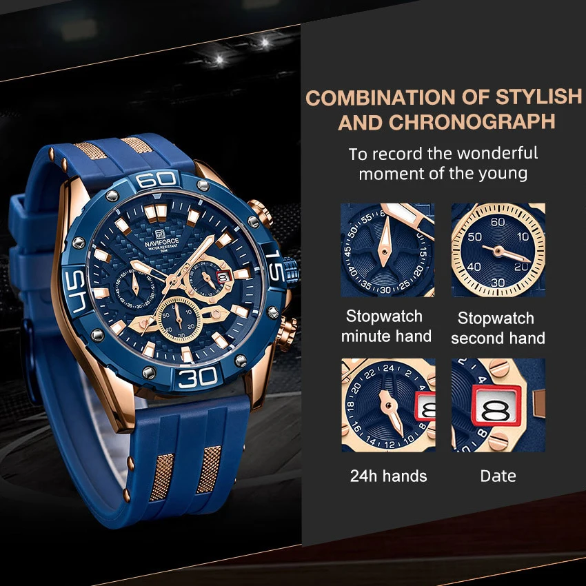 NAVIFORCE Роскошные мужские часы из ТПУ ремешок модные спортивные кварцевые Топ