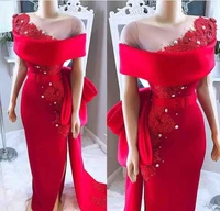 2019 elegant red off the shoulder evening dresses lace appliques formal gown robe de soiree sheer neck prom custom evening dress