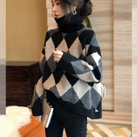 turtleneck womens sweater harajuku pullover sweaters loose plaid knit oversized sweater womens jumper