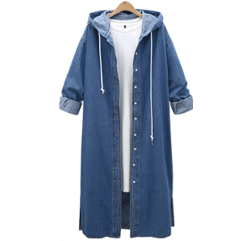 

Women's Hooded Long Sleeves Slim Denim Long Trench Coat Spring and Autumn Jacket