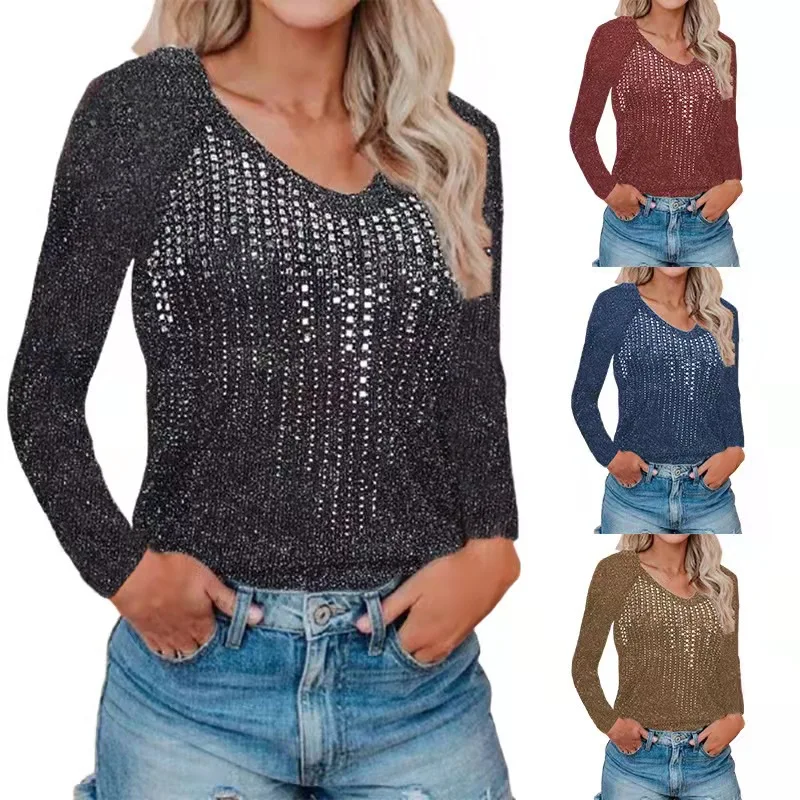 

Sweater For Woman Fashion Tight-Fitting Long-Sleeved V-neck Nightclub Casual Diamond-Studded Ribbed Knit Womans Winter Top 2021