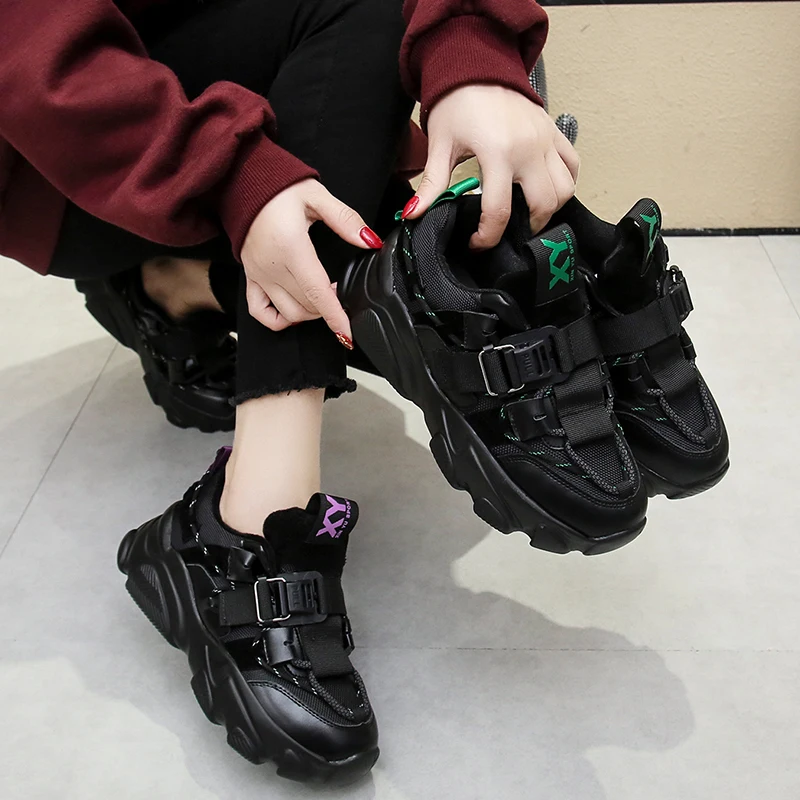 

2021 Women Black Platform Sneakers Fashion Casual Vulcanized Shoes Woman Spring Summer Dad Chunky Sneakers Plus Size 35-43