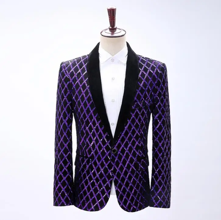 

Men's suit wedding purple new velveteen purple diamond lattice sequined dress holding singer anchor boy stage performance