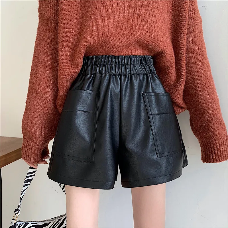 

PU Leather Black Shorts Autumn Spring Women High Waist Pockets Shorts Girls Faux Leather Wide-legged Shorts Bottoms