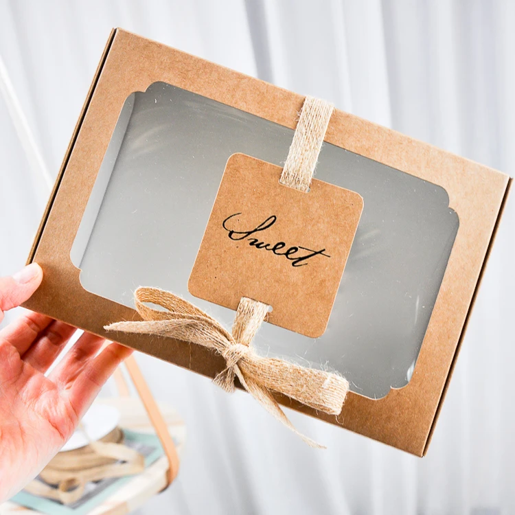 

5PCS Hand Handle Silk Ribbon Gift Bag/Kraft Paper Hemp Rope Bow Transparent Window Box Fruit Salad Takeaway Square Packaging Box