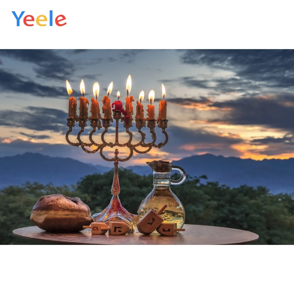

Happy Hanukkah Backdrop Jewish New Year Rosh Hashanah Candle Lampstand Bread Photography Backdrops Photographic Background
