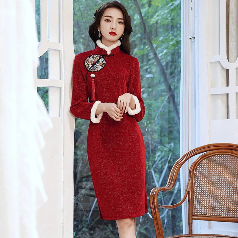 

Новинка 2021, красное осеннее приталенное китайское платье-Ципао с длинным рукавом, женское платье ханьфу, Восточное традиционное винтажное ...
