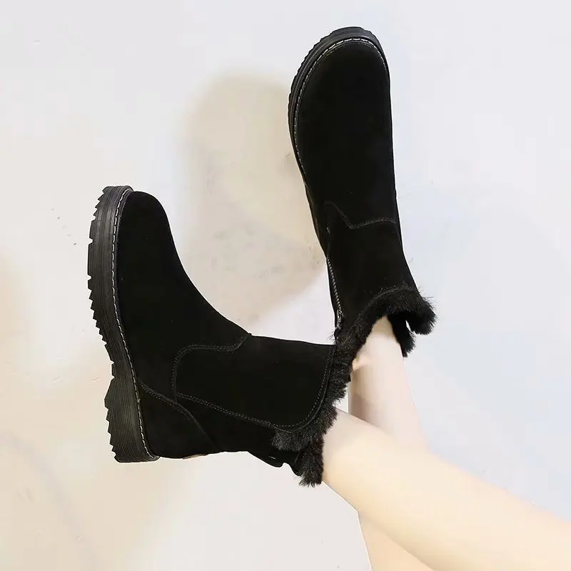

Ankle Platform Mid Heels Shoes Women 2021 New Autumn Winter Fashion Fur Snow Boots Chunky Cow Suede Warm Plush Zipper Lady Botas