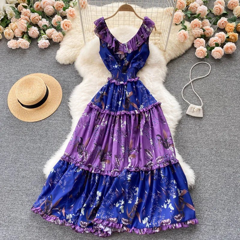 

Banulin 2021 Summer Runway Boho Long Dress Women's V-Neck Off The Shoulder Floral Print Elastic Waist Ruffles Beach Dress N7405
