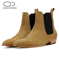 uncle saviano chelsea cow suede boots handmade winter mens shoes add velvet work basic boots fashion designer high top shoes men