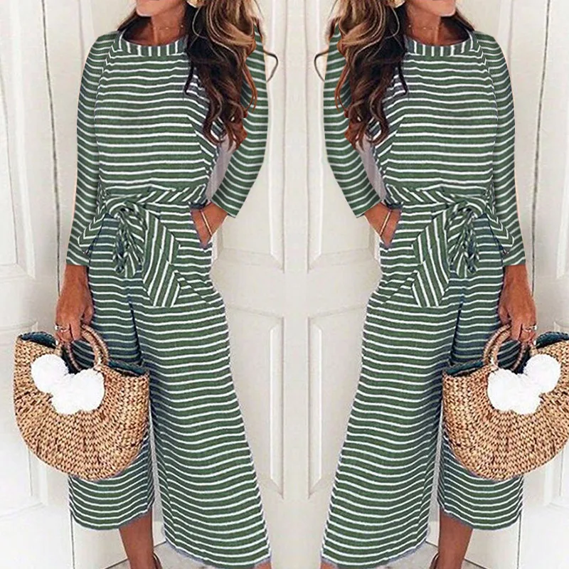 

2020 Spring and Autumn Fashion Slim Fit Lace-up Sexy Stripes Crew Neck Rompers Women Jumpsuits