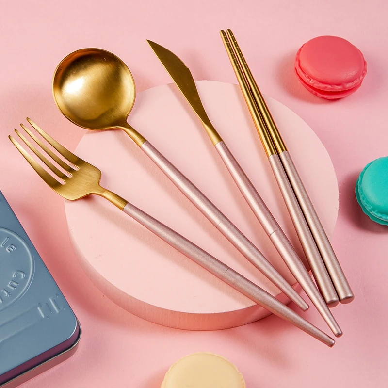 

Portable Flatware Set Assembled Stainless Steel Knife Fork Dinner Spoon Chopstick Outdoor Picnic Cutlery Set