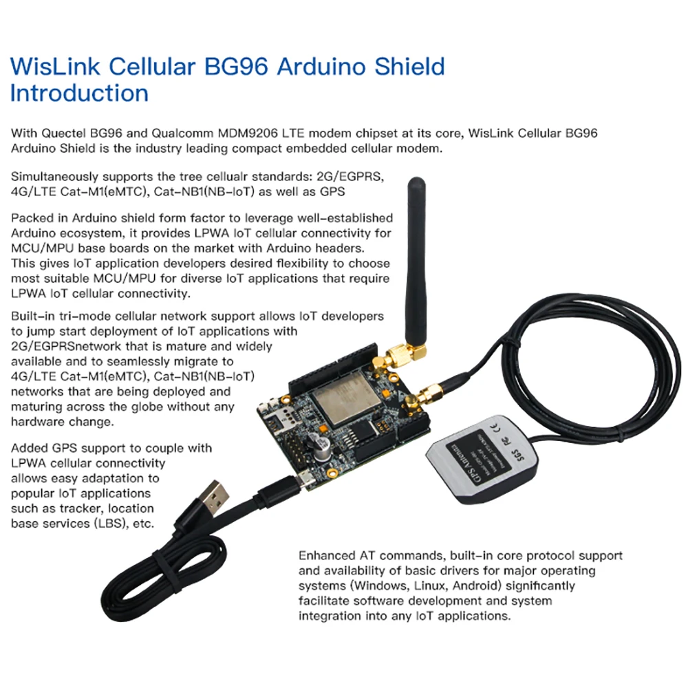 RAK2011 WisLink Cellular Quectel BG96 Arduino Shield GPRS модуль с поддержкой 2G/EGPRS 4G/LTE Cat M1(eMTC) NB1(NB