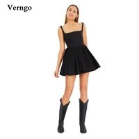 verngo simple black satin short prom party dresses straps square neck bones fitted a line lady cocktail dress fashion outfit