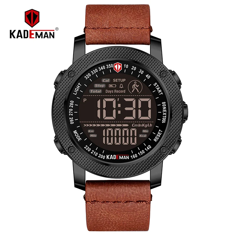 K6121L-B-W-T Топ спортивные мужские часы шаг подсчета светодиодный дисплей цифровые часы Открытый водонепроницаемый KADEMAN повседневные кожаные Наручные часы Relogio Masculino - Цвет: K6121L-B-W-T