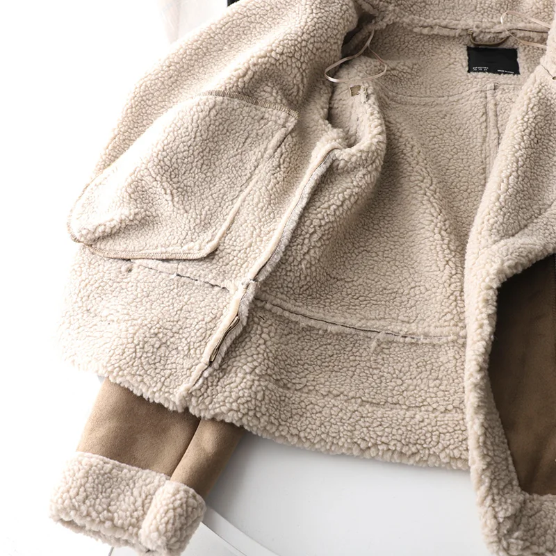 NEW2021 ERQIBA New Winter Women Pu Faux Lamb Leather Jacket with Belt Streetwear Suede Turndown Collar Thick Warm Coat Black