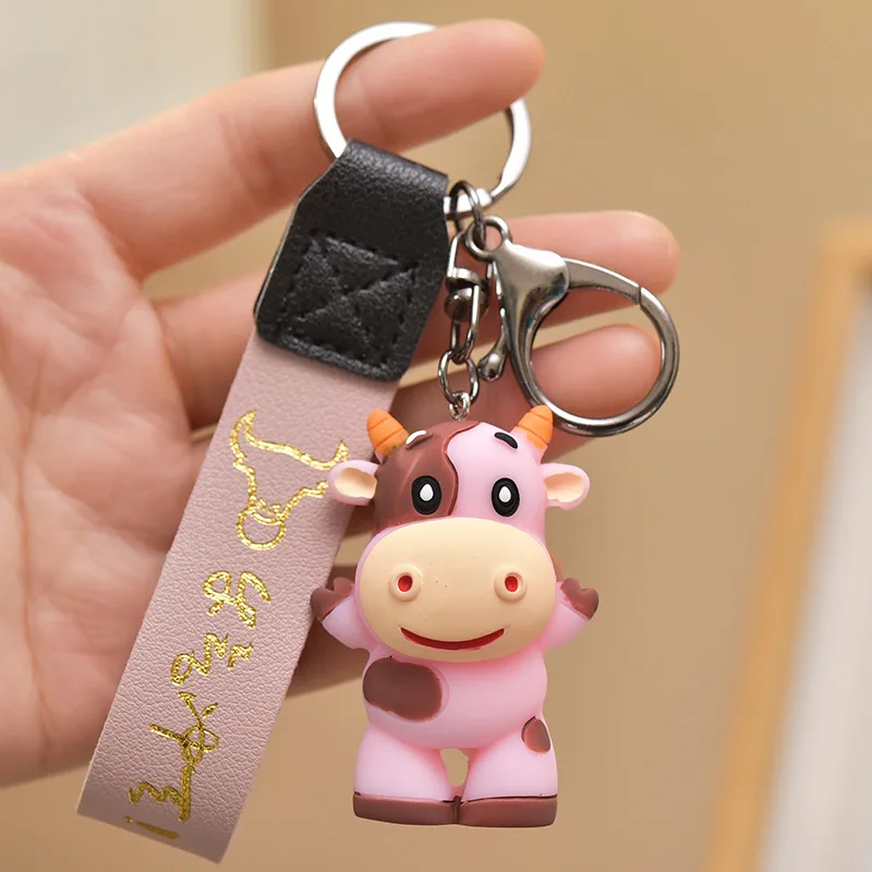 

2021 Cartoon Calf Cattle Keychain Cute Resin PU Leather Phone Case Lanyard for Keys Chains Car Ring Bag Charm Girl New Year Gift