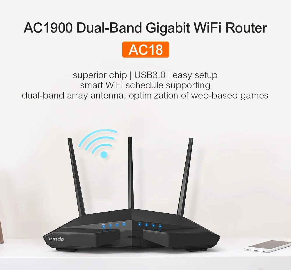 Tenda AC18 беспроводной wifi маршрутизатор 256M DDR двухъядерный процессор 1WAN+ 4LAN гигабитные порты WiFi повторитель двухдиапазонный 11AC1900M гигабитный USB 3,0 - Цвет: AC18