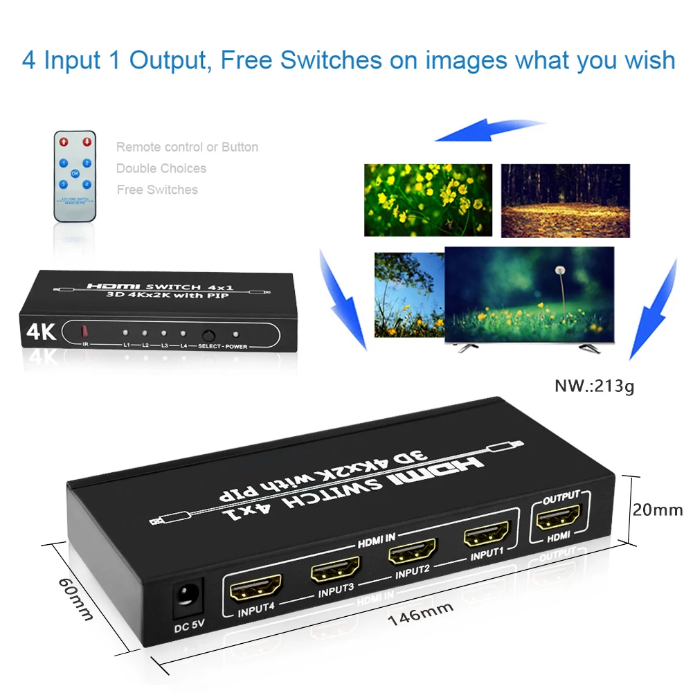 4K HDMI переключатель SGEYR 4 порта коммутатор в 1 выход PIP Переключатель с ИК пультом
