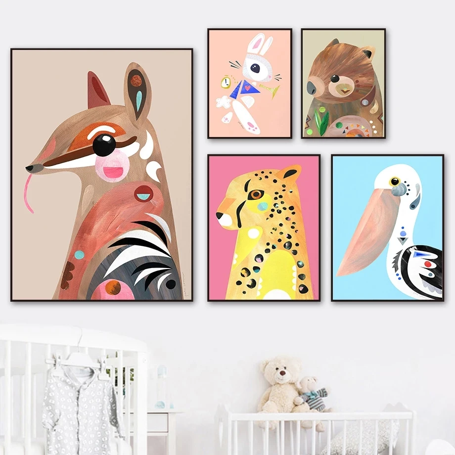 

Animal Colorful Cute Poster Rabbit Elephant Bird Leopard Art Print Picture Canvas Painting Wallpaper Baby Room Decoration