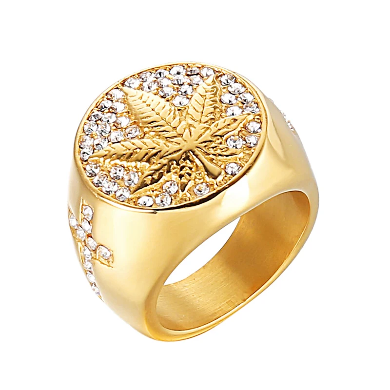 D&Z Iced Out Bling микро проложили Кристалл травка кленовый лист кольцо из нержавеющей стали кольца для мужчин хип хоп рэппер ювелирные изделия