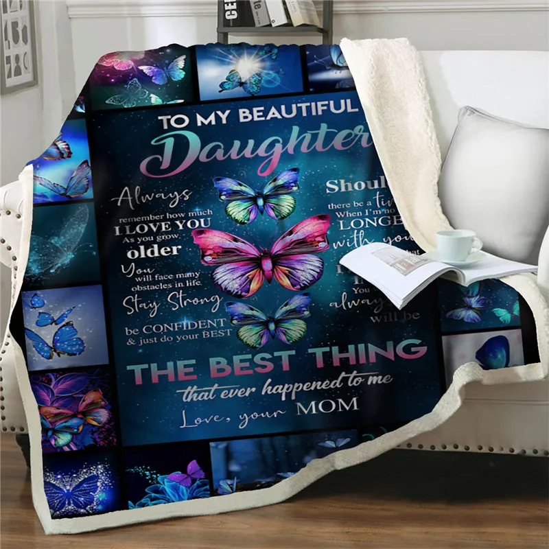 3D Dreamlike Butterfly Throw Blanket Letter To My Daughter Plush Bedspread Office Nap Blanket Quilts Couch Bed Easy Wash Blanket