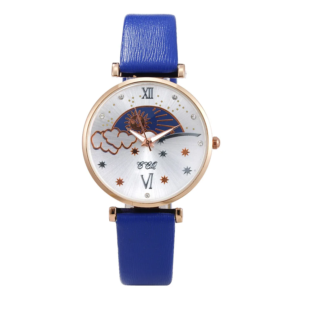 

100pcs / lot new fashion Sun Moon Star Diamond Watch women's personality trend PU belt casual Blue Women's Watch