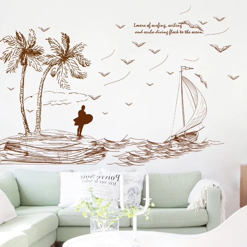 

Sketch Coconut Tree Sailboat Seagull Beach Surf Landscape Wall Stickers decals home decor livingroom bedroom wallpaper Art Mural