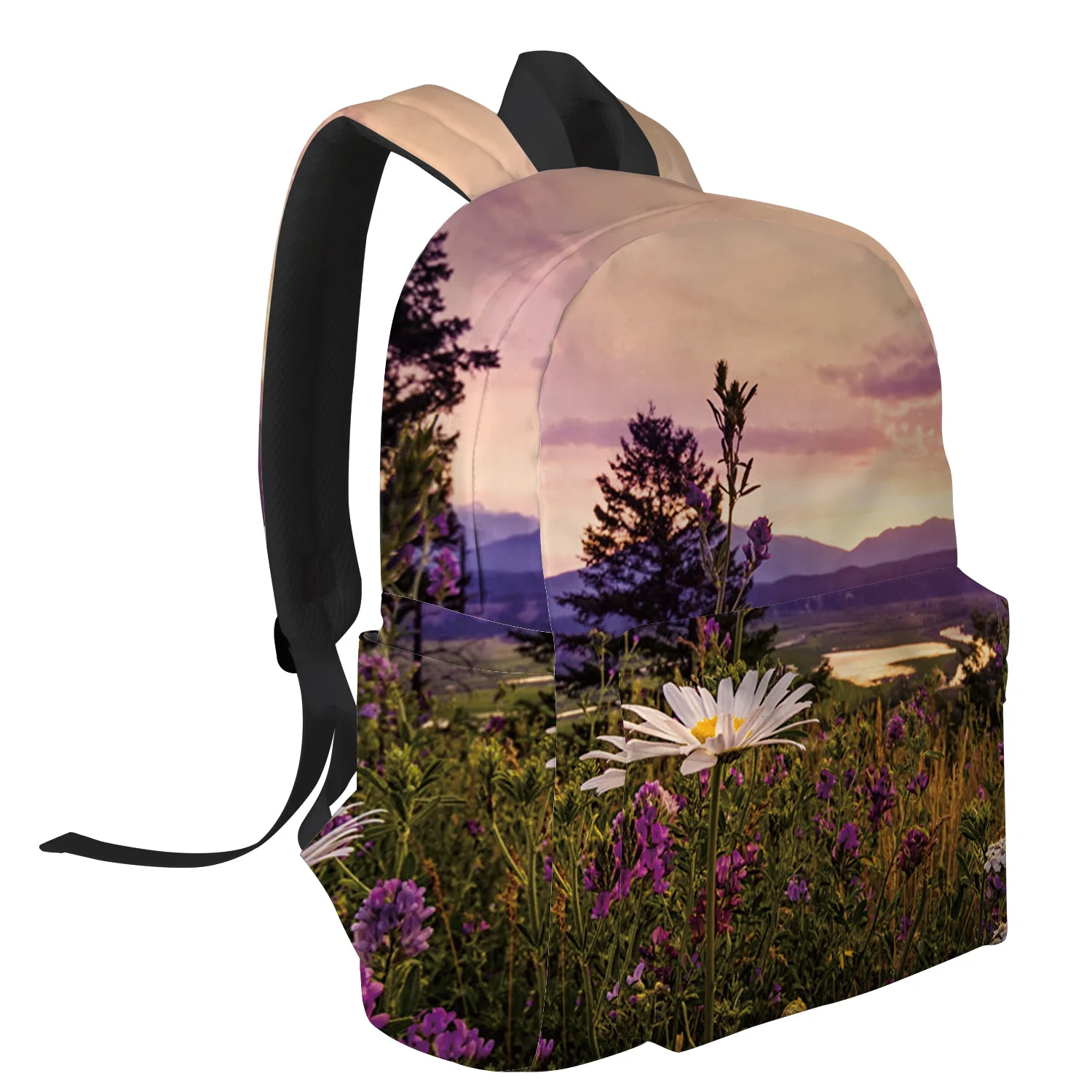 Волшебный белый рюкзак с ромашками и розовыми азалами в летних холмах внутренний