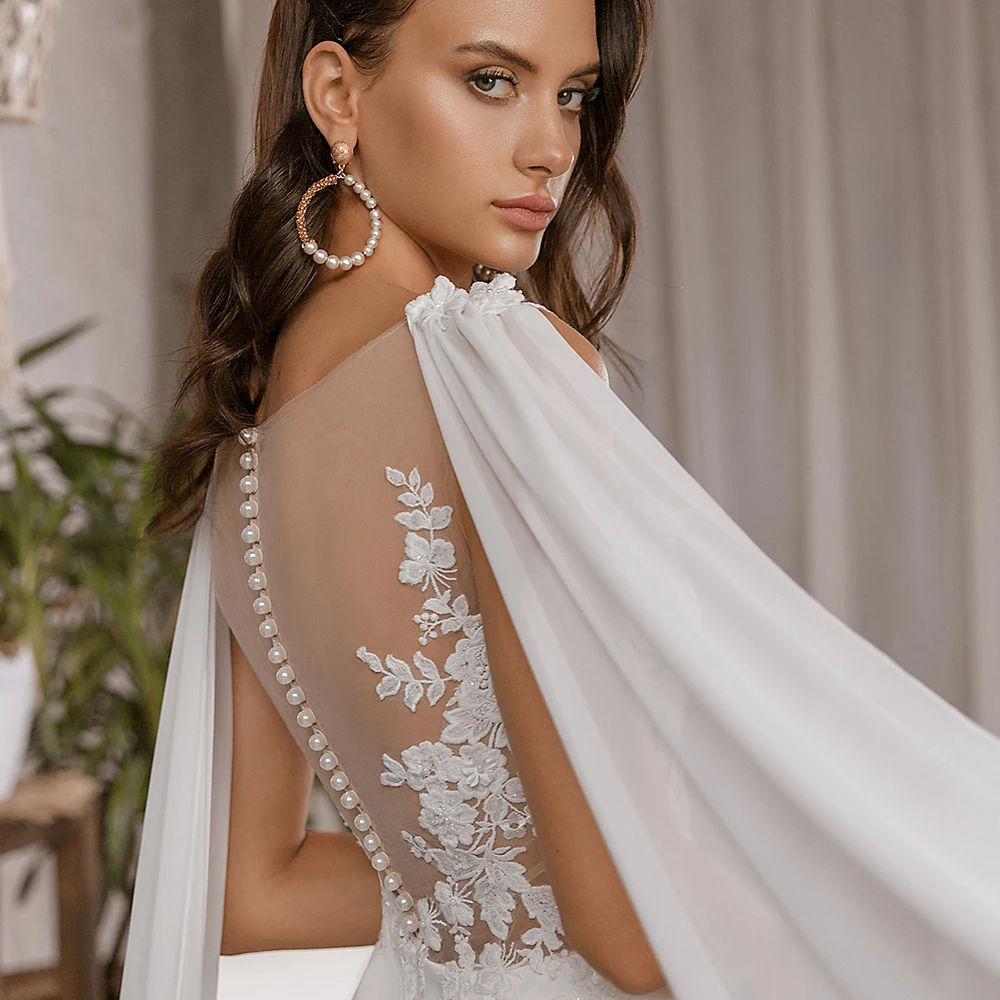

Sexy Jewel Sleeveless Mermaid Wedding Dress with Watteau Train Appliqued See Through Top Boho Bridal Gown 2020