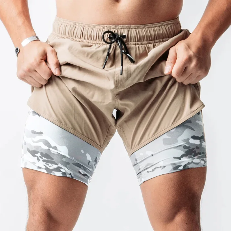 

2021 New Muscle Men's Running Shorts Sports Leisure Outdoor Loose Zipper Pocket Double-layer Fitness Pants