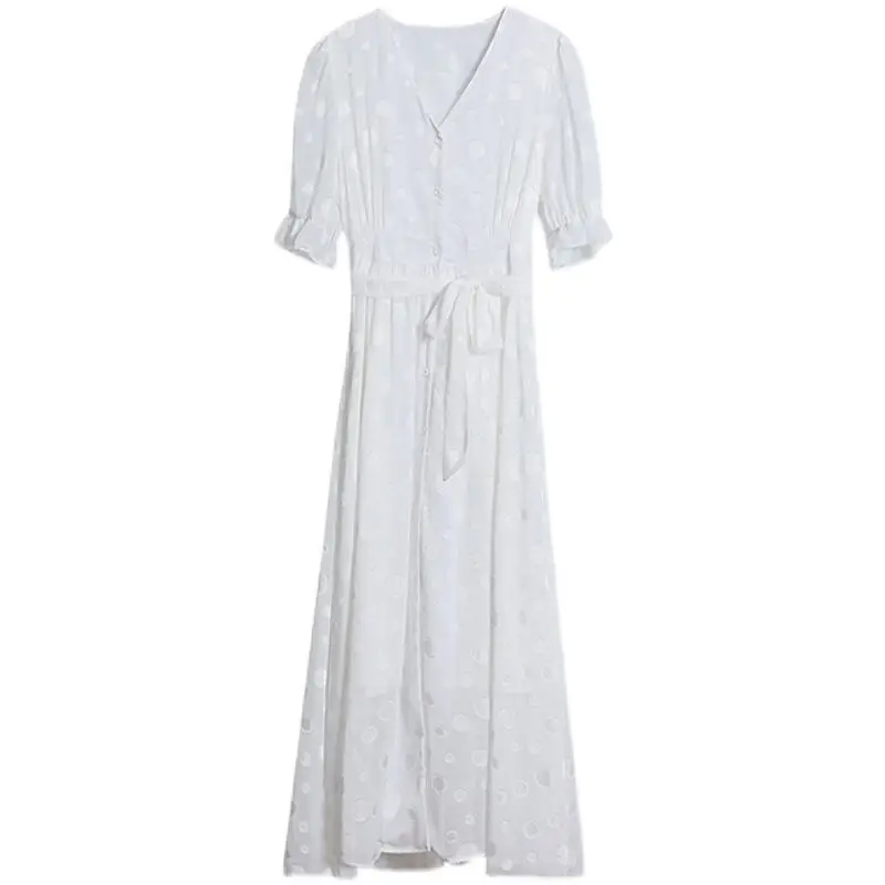 

2021 Summer Vintage Solid Short Sleeve V-Neck Chiffon Casual Loose Plus Size Dress Women Elegant Ladies Party Vestidos White