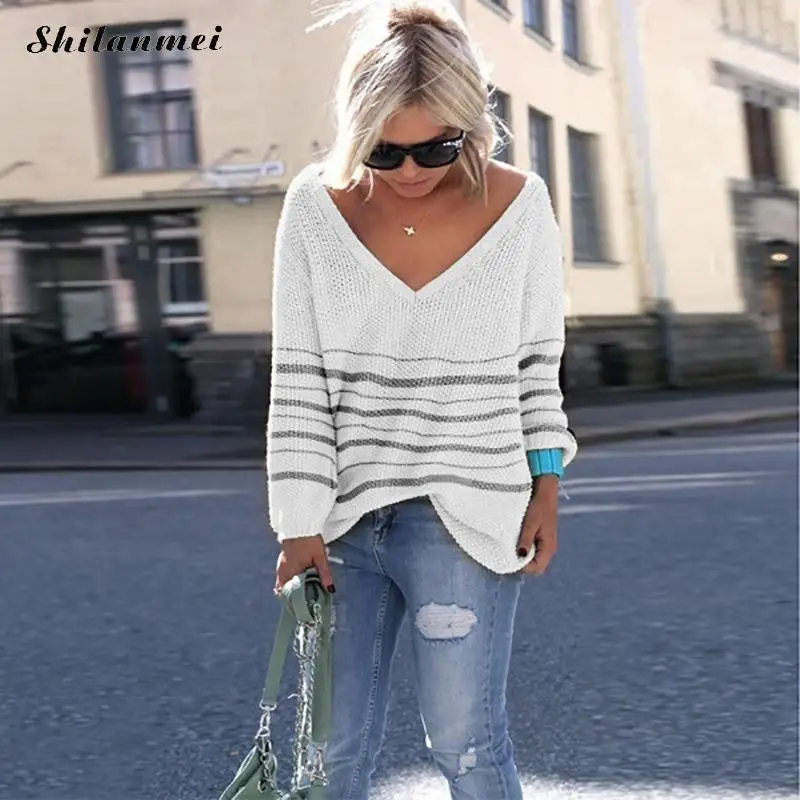 

2019 Autumn V Neck Streetwear Tops Casual Striped Loose Pullovers Knitted Deep V-Neck Fashion Sweater Plus Size Female Knittwear