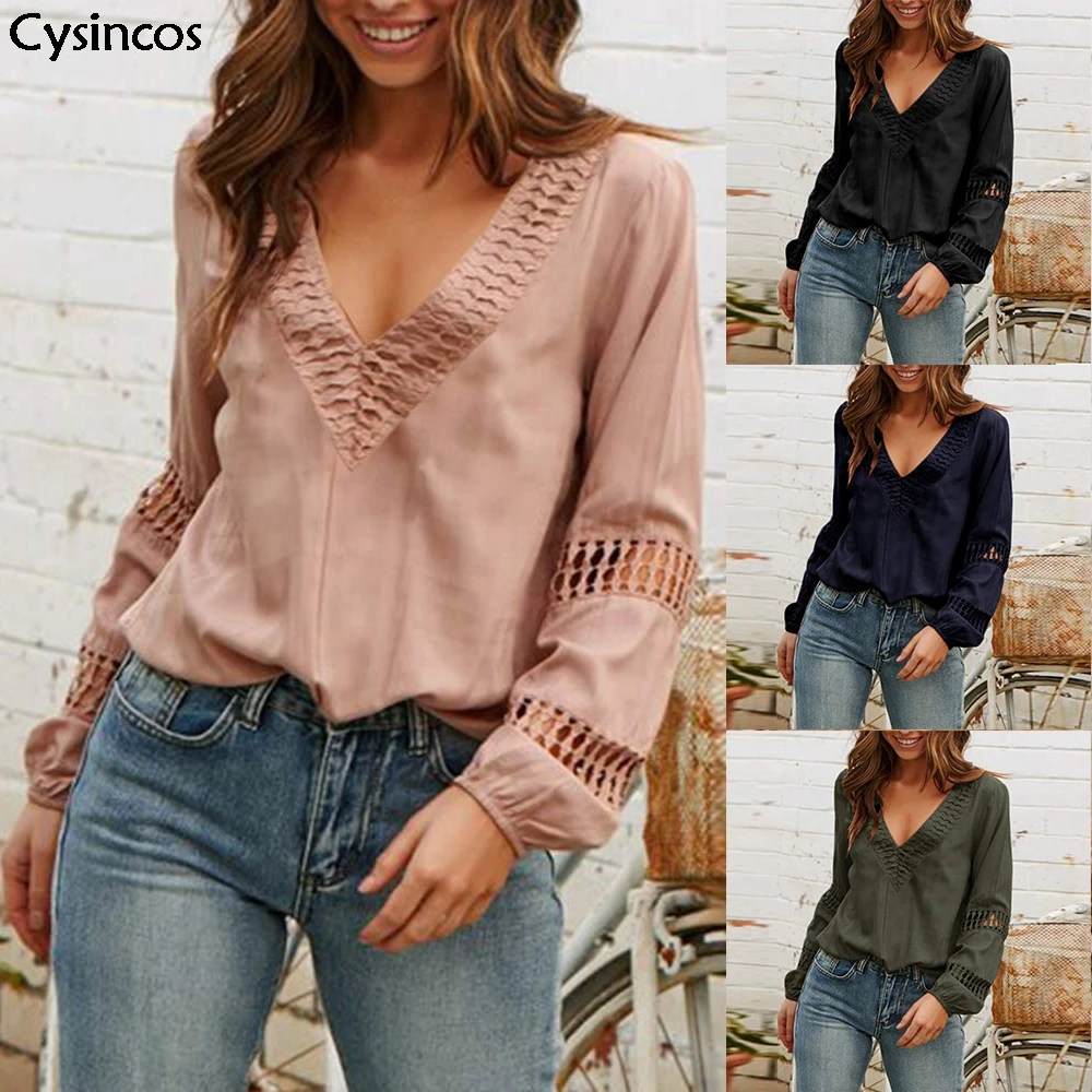 Cysincos 2019 шифоновые блузки одноцветные с длинным рукавом Свободные глубокое