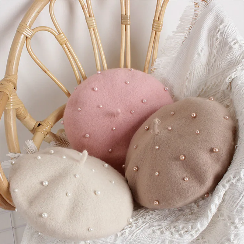 

Fashion New Princess Kids Girls Caps Berets Lovely Pearl Beanies Hats Spring Autumn Winter Toddler Girls Hats