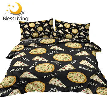 BlessLiving Pizza Bedding Set Love Food Duvet Cover Pizza Slice Doodles Comforter Cover Teens Yummy Bedspreads 3-Piece King 1
