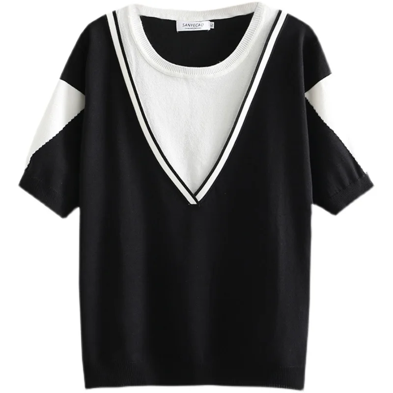 

Women's Clothing T-Shirts Plus Size 2021 Summer New Show Thin Tees Loose False Two Piece Ice Silk Knitting Short Sleeve Tops