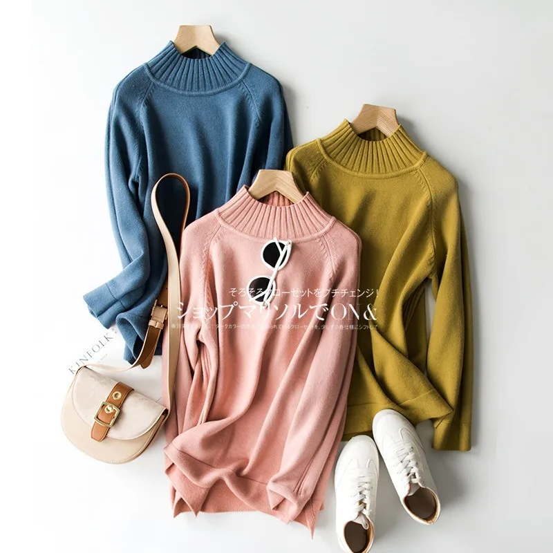 

Autumn Winter New Sweater Women's Bottoms Semi-high Round Collar Head Loose Lazy Wind Hem Open Fork Long-sleeved Knitwear Coat