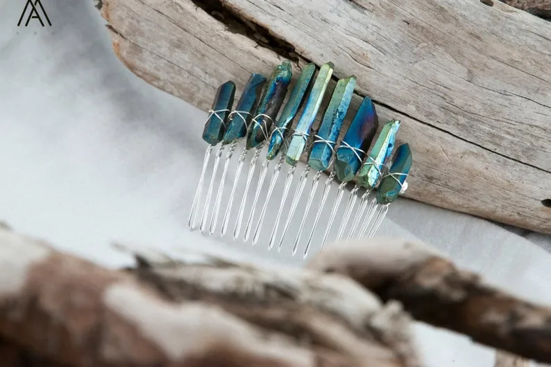 

5PCS Silvery Wire Wrapped Yellow Green Quartz Point Beads Hair Combs Tiara For Women Crystal Decor Hairwear Jewelry Accessories