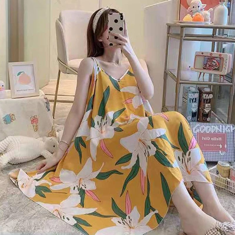 Women Nightgown Sleeping Dress Lingeries Bath-Gown Sexy Female Large Size NightDress Deep-V-Neck Charming Summer Sleepwear Flora