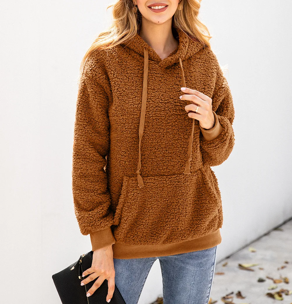 

Drawstring Hoodies Plush Women Hooded Female Casual Sweatshirt Fleece Warm Winter Spliced Pockets Hoody Outwear Moletom Clothes
